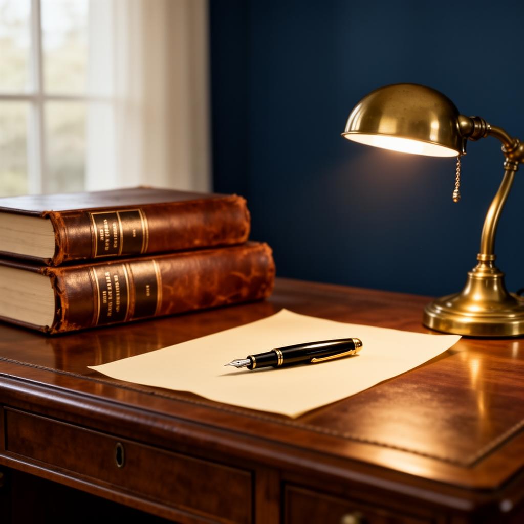 Antique attorney desk with leather-bound law books and brass lamp